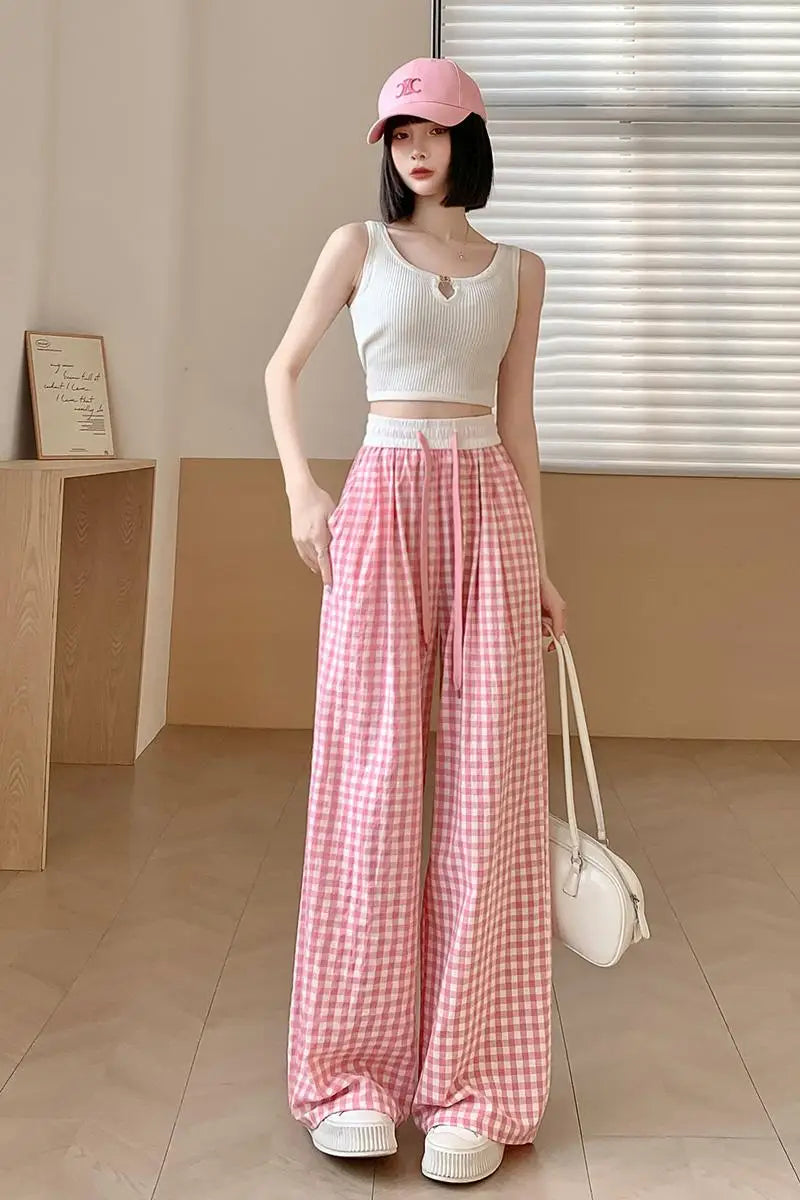 Thin High Waisted Women's Checkered Black and White Wide Leg Pants, Casual Elastic Floor Length Pants, Retro Loose and Versatile