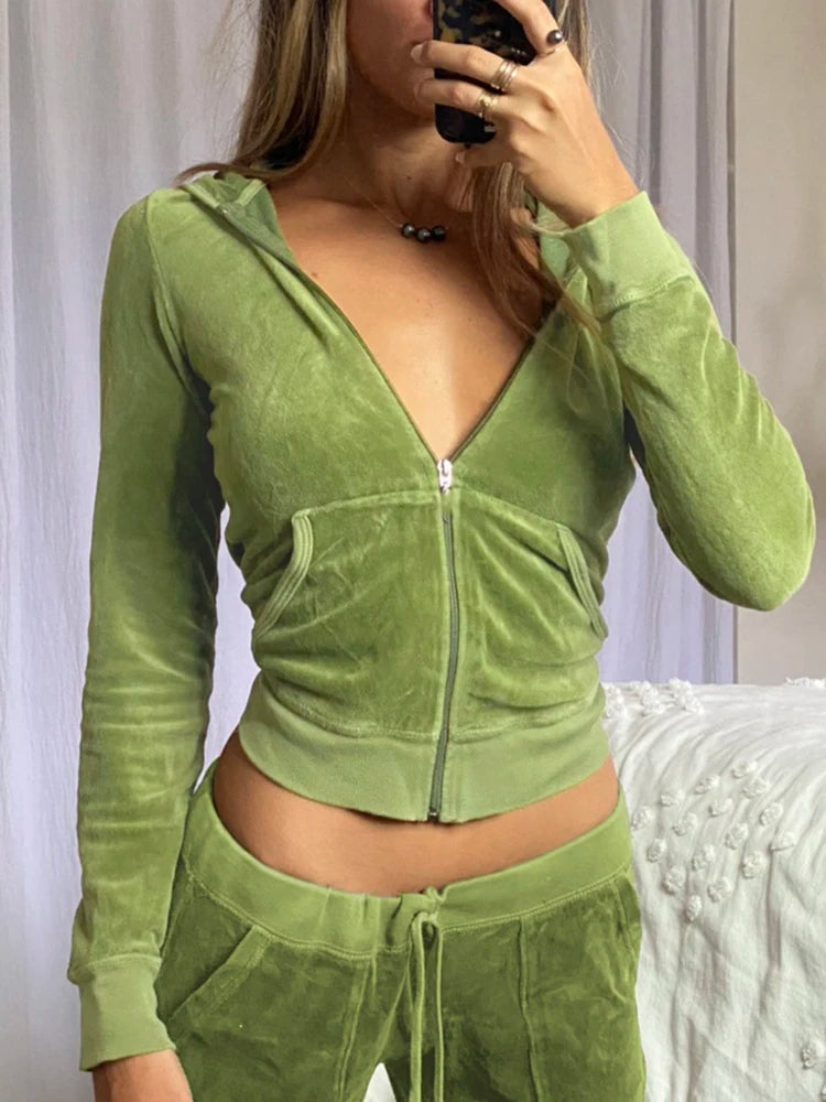 Casual Velvet Crop Top Winter Jacket Women Green Pink Zip Up Hoodies Coats Ladies Fashion Skinny Overcoat Streetwear