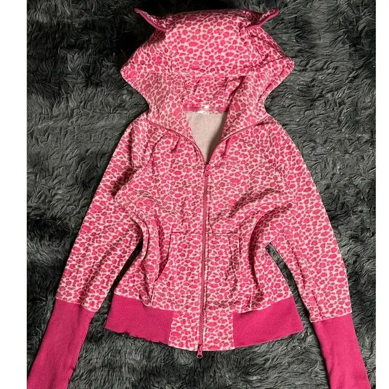 Autumn/Winter American Retro Hot Girl Plum Pink Leopard Pattern Loose Hoodie Women Top Vintage Zipper Coat Sweatshirt for Women
