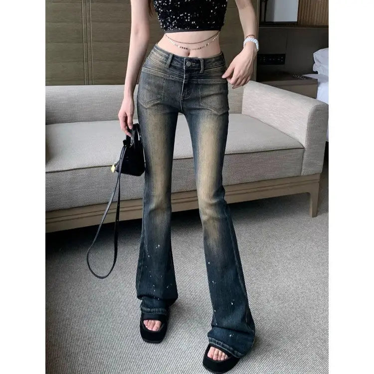 American Y2K low rise sexy jeans laceup design splashed ink distressed vintage thin versatile popular ripped flared pants