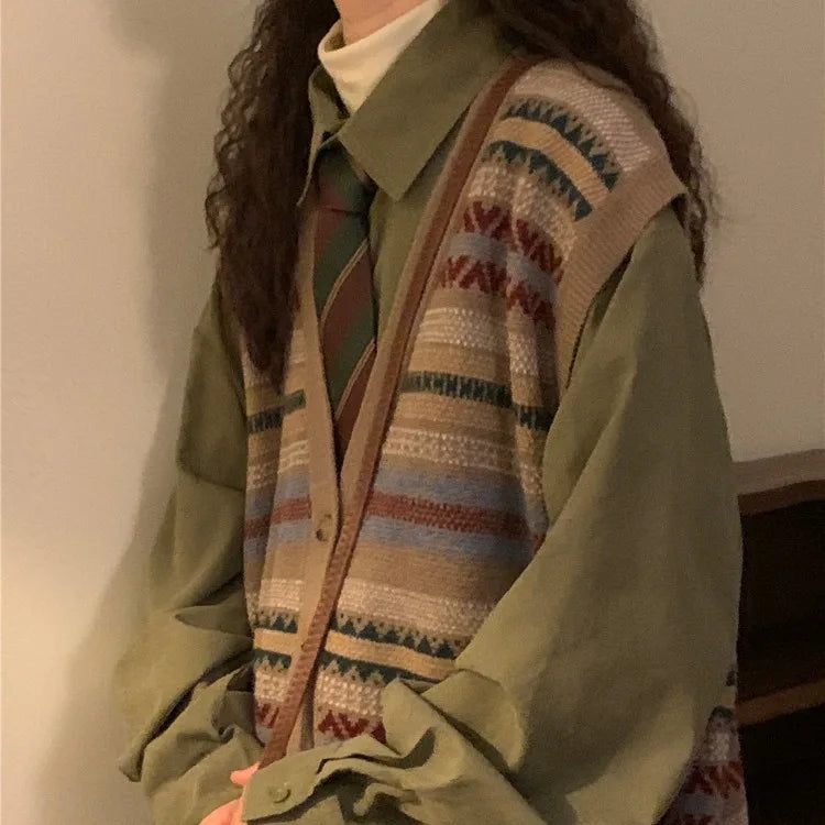 Autumn Vintage Lazy Vneck Sweater Vest Korean Fashion Loose Knitted Cardigan Y2k EGirl Slim Fit Sleeveless Tops Women