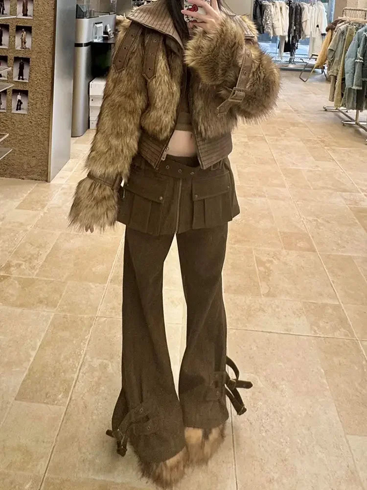 American Retro Oversized Detachable Pants Women's Clothing Autumn and Winter New Spicy Girl Fake Two Piece Spliced Flare Pants