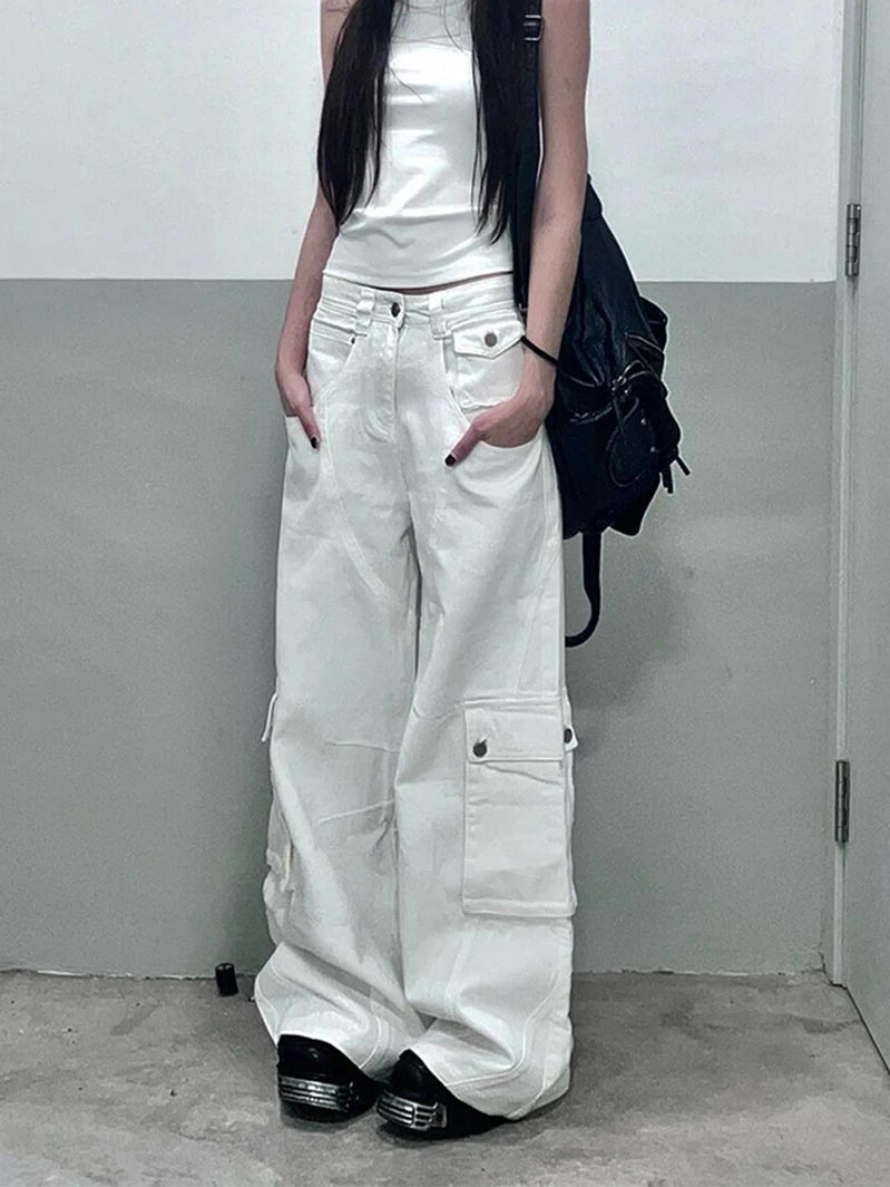 Summer White Womens Jeans High Waist Baggy Casual Vintage Y2K Trend Straight Cargo Pants Street American Wide Leg Denim Trouser
