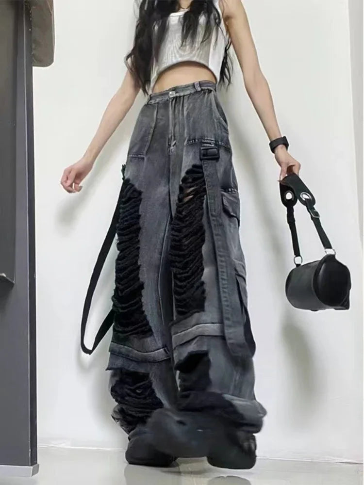 Black Ripped Jeans for Women Hip Hop Y2k Vintage Baggy Hole Do Old Wide Leg Cargo Denim Pants Streetwear Casual Bottoms