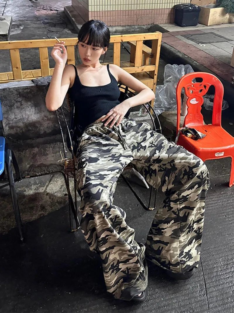 American Retro Punk Camouflage Pocket Cargo Pants Y2K High Street Hip Hop Loose Fashion Street Casual Straight Wide Leg Pants