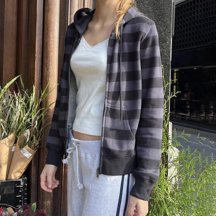 American High Street Striped Casual Hoodie Jackets Spring Autum New Cardigan Coat Women Y2k Long Sleeve Zipper Tops Mujer