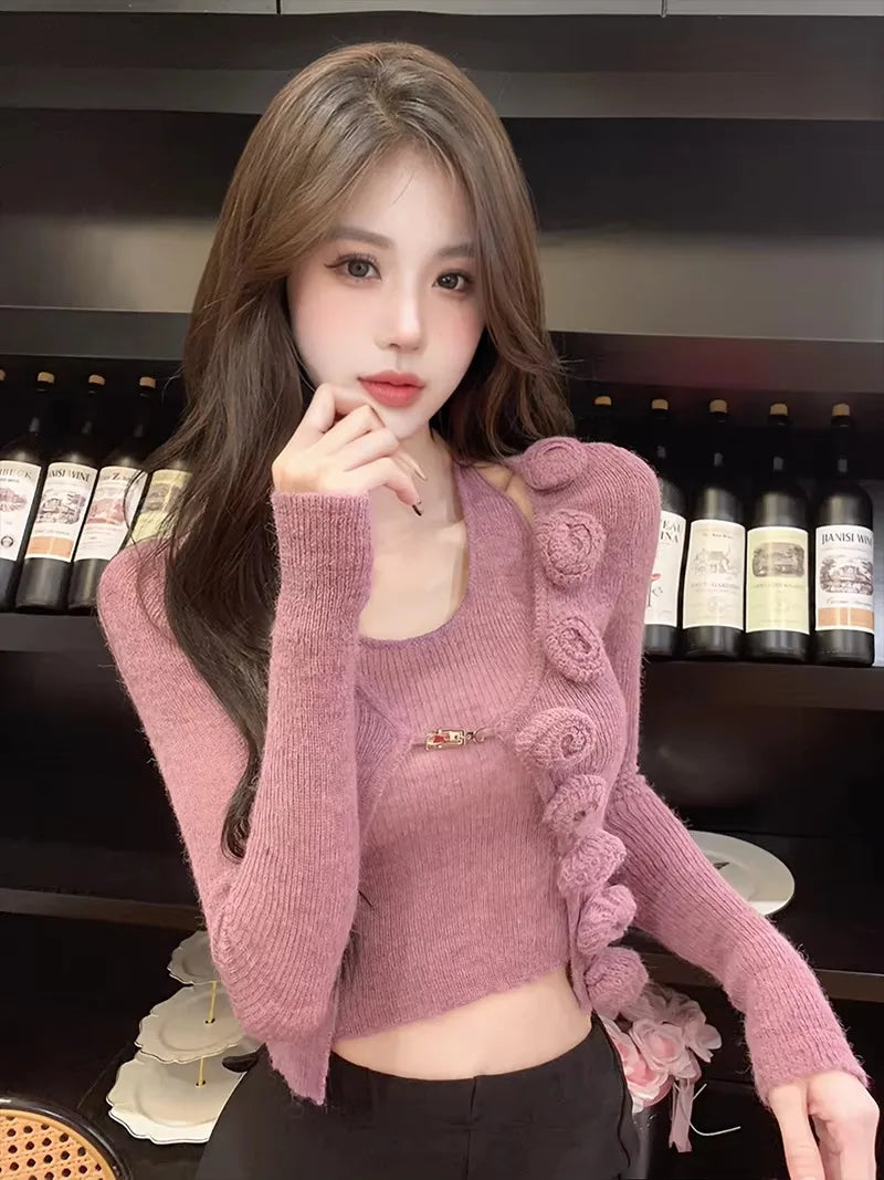 Sweet Hot Girl Pure Sexy Suit Women's Autumn and Winter Knitted Cardigan Short Slimfit Halter Vest Twopiece Set Female Clothes