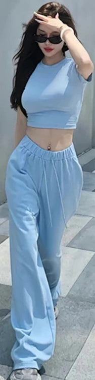 Sweet Hot Girl Casual Suit Women's Summer Slim Fit Oneck Shortsleeved Tshirt Wide Leg Long Pants Twopiece Set Female Clothes
