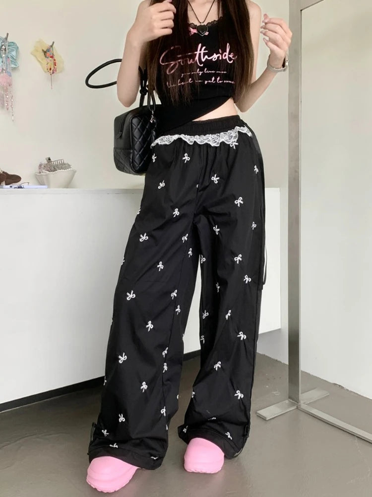 Y2k Coquette Bow Embroidery Wide Leg Pants Women Korean Style Kawaii Sweet Lace Patchwork High Waist Loose Pants Y2k