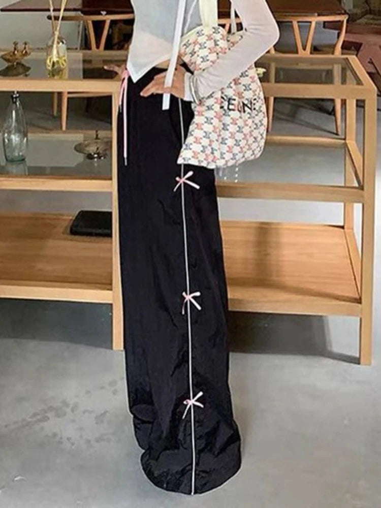 Black Baggy Sports Pants Women Y2k Vintage Bow Drawstring Straight Wide Leg Sweatpants Hip Hop Causal Kpop Mujer Bottoms
