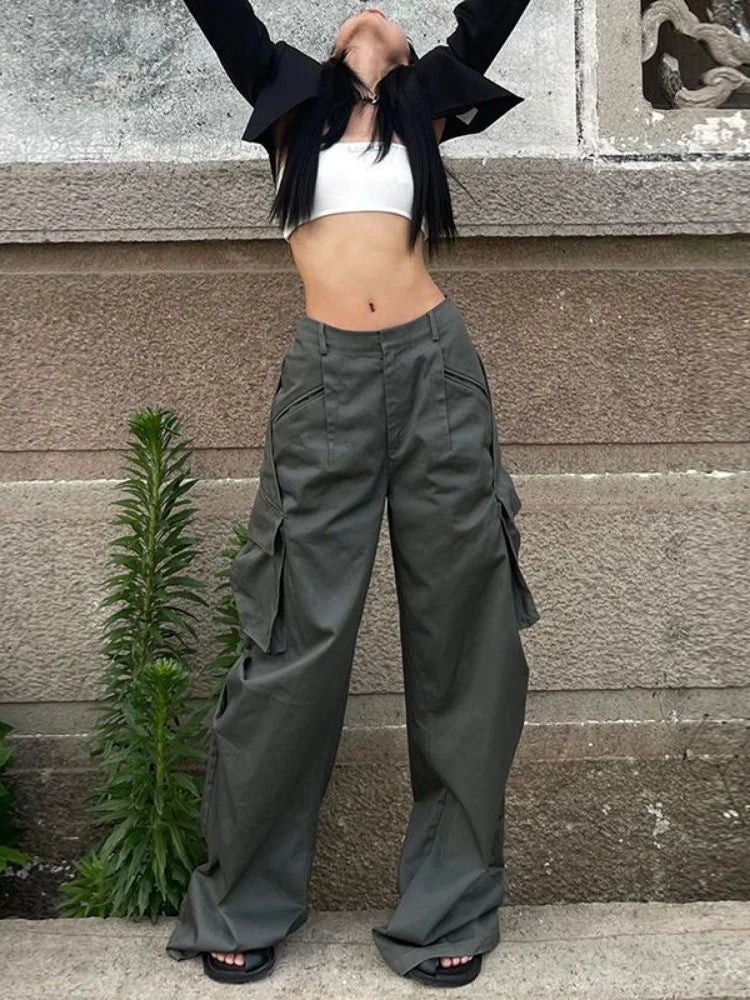 Y2k Streetwear Pockets Cargo Pants Harajuku Low Rise Baggy Straight Pants Loose American Retro Trousers Aesthetic 2024