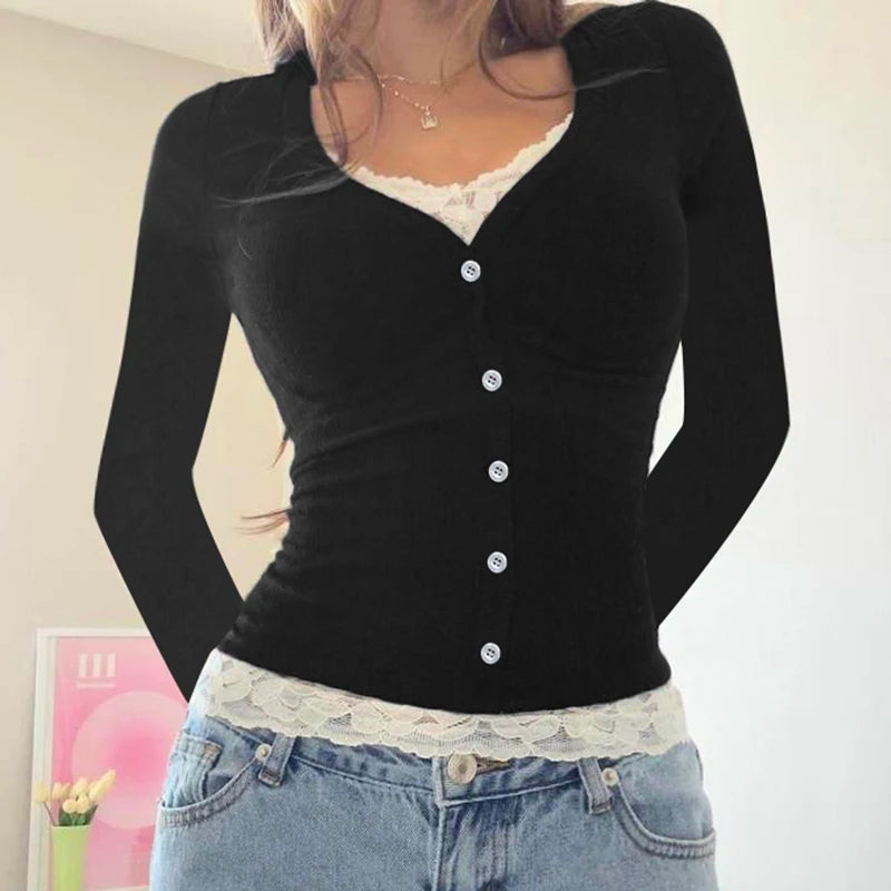 Y2K Contrast Lace Slim Top Autumn Cute Long Sleeve Buttons T-shirt Knitted Casual Outfits Sweet Korean Tee Streetwear