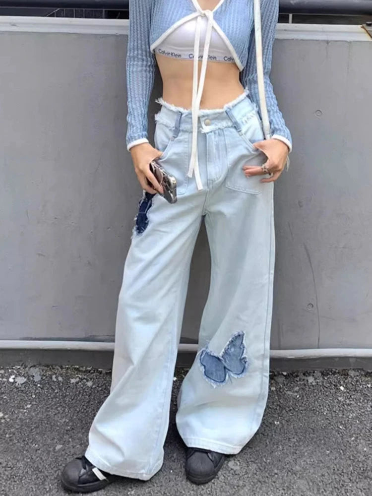 Blue Jeans Plus Size Women Y2k Fashion Loose Butterfly Patchwork Causal High Waist Denim Pants Streetwear Retro Bottoms