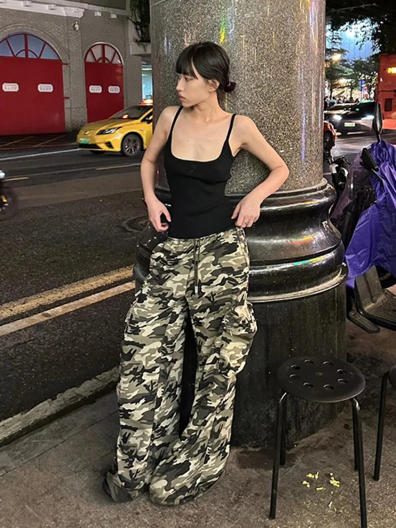 American Retro Punk Camouflage Pocket Cargo Pants Y2K High Street Hip Hop Loose Fashion Street Casual Straight Wide Leg Pants