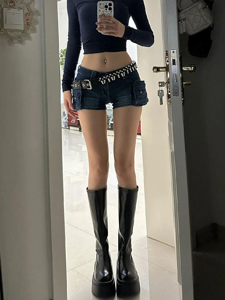Woman Casual Hot Slim Pants Low Waist Jean Solid Color Wash shorts Denim Shorts With Belt Classical Sexy Gyaru Dark Academia