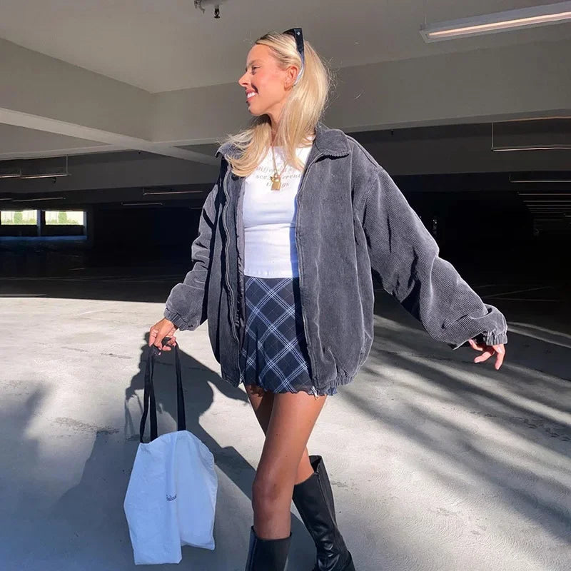 Autumn and Winter New Fashion Street Style Women's New Longsleeved Lapel Zipper Cardigan Loose and Thin Ladies Warm Jacket