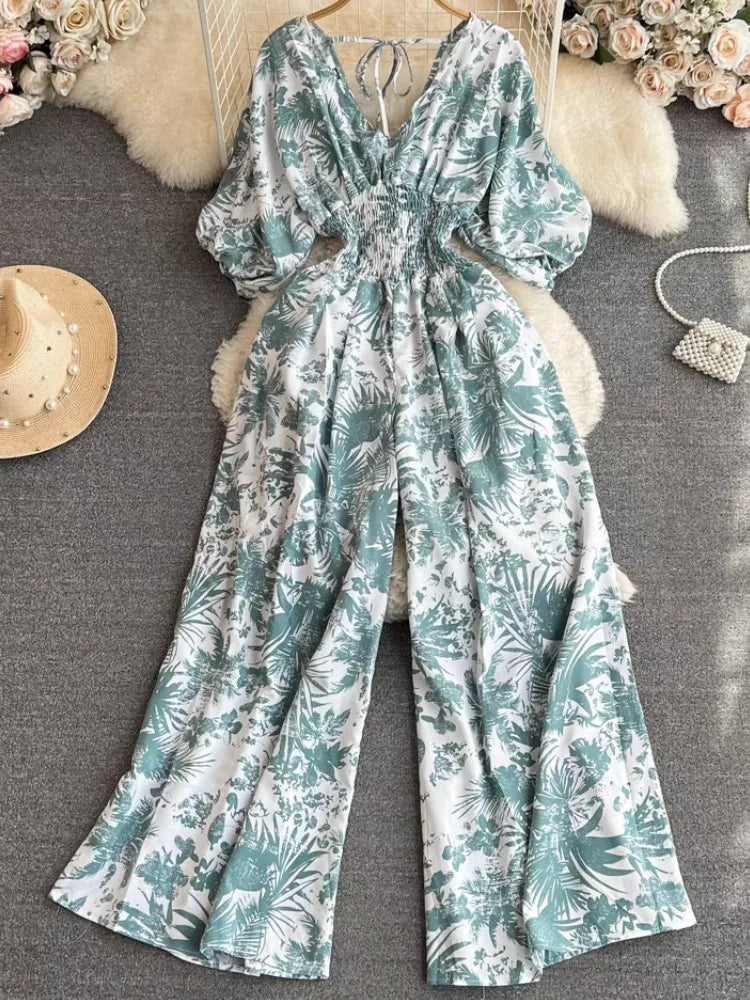 Women Elegant Print Puff Sleeve V Neck Jumpsuits Summer New Fashion High Waist One Piece Female Casual Straight Wide Leg Pants