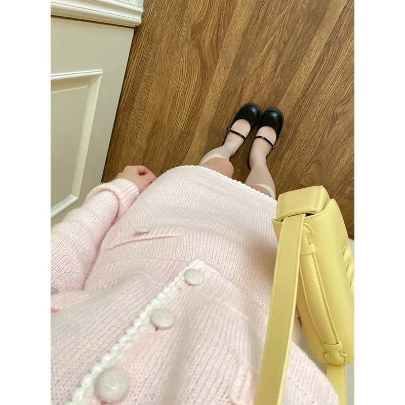 Sweet Hot Girl Suit Women's Autumn Turndown Collar Knitted Cardigan High Waist Wrap Hip Skirt Twopiece Set Female Clothes