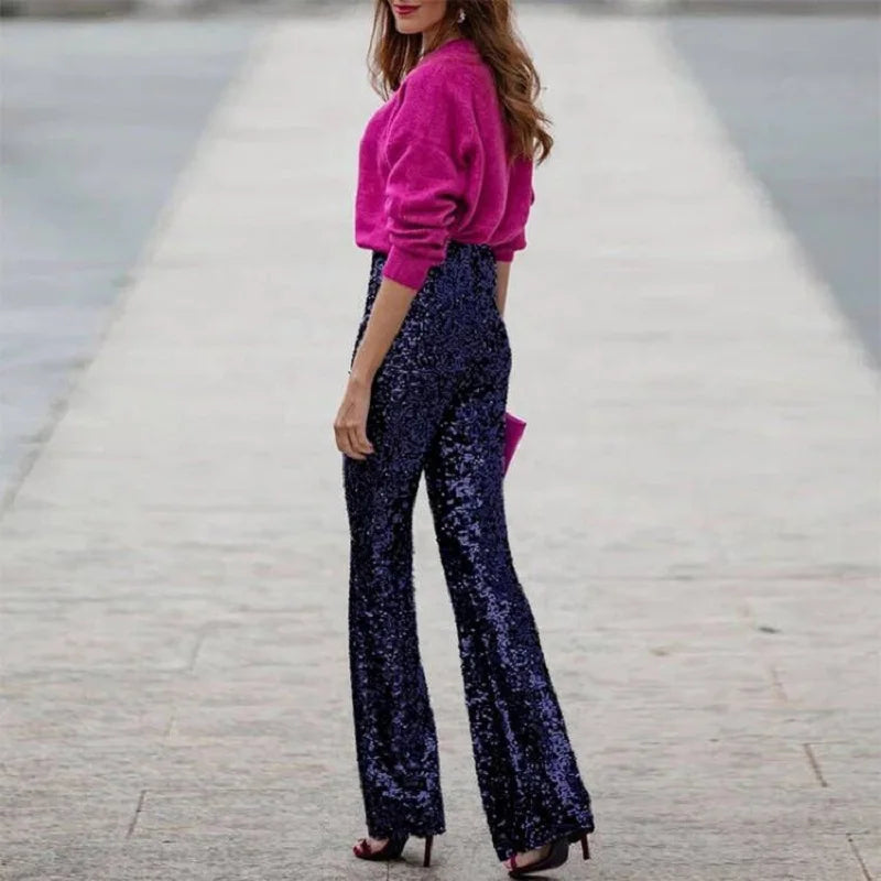 2024 Spring Glitter Sequin Shiny Party Pants Women Elegant High Wiast Slim Flare Trousers New Autumn Fashion Solid Straight Pant