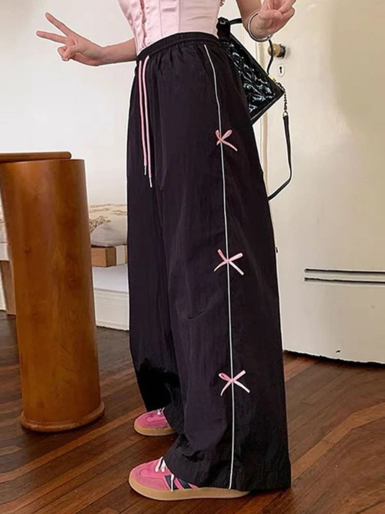 Black Baggy Sports Pants Women Y2k Vintage Bow Drawstring Straight Wide Leg Sweatpants Hip Hop Causal Kpop Mujer Bottoms