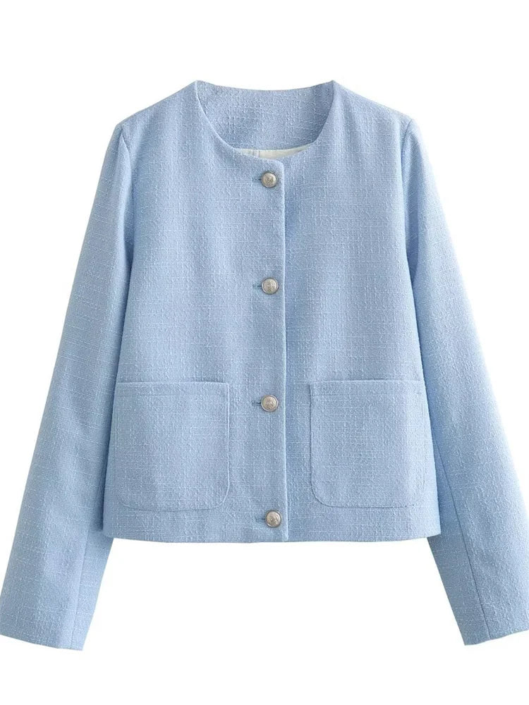 Autumn Casual Patchwork Cardigan Sweater Scoop Neck For Women Solid Pocket Elegant High Waist Outwear Fashion Female Coat