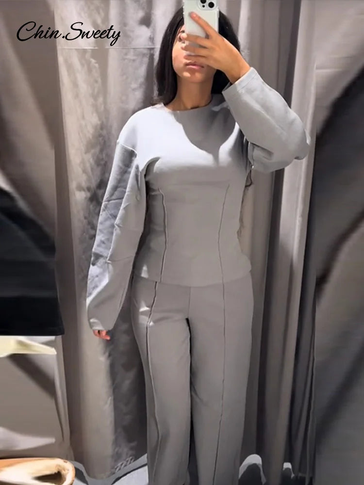 Casual Women’s 2-piece Solid Pants Sets Long Sleeve O-neck Sweatshirts Wide Leg Pleated Trousers Autumn Lady Lazy Tracksuit