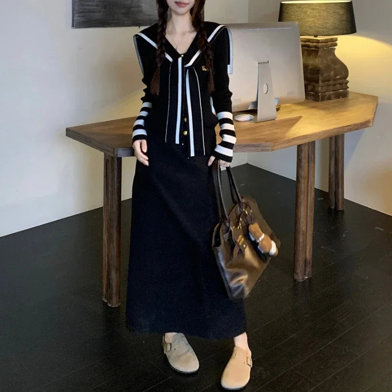 Autumn New Japanese Contrast Color Patchwork Laceup Long Sleeve Cardigan Women + Loose Knitted Aline Skirt Twopiece Suit