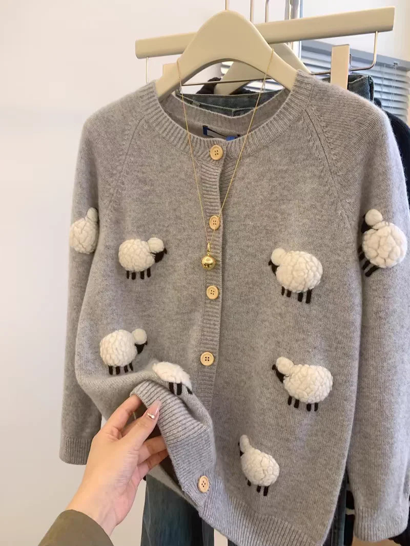 Sweet Hot Girl Threedimensional Lamb Knitted Cardigan Women's Autumnwinter Thickened Oneck Longsleeved Loose Sweater