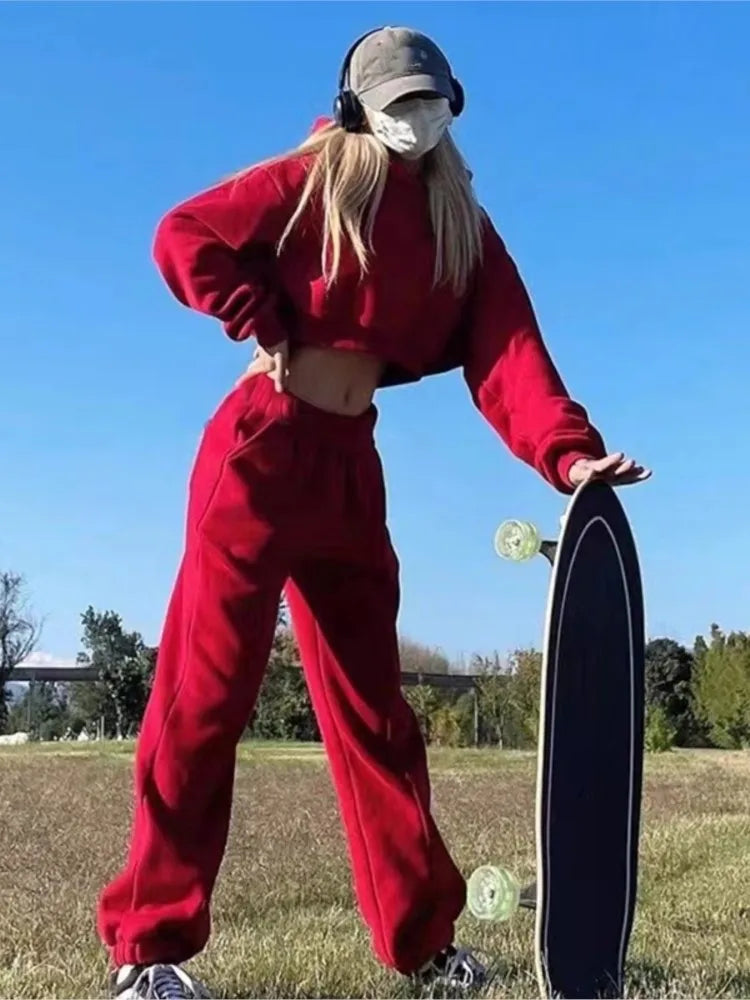 Casual New Fashion Hoodies Suit Women Winter Spring Solid Tracksuit Two Pieces Set Sports Pullover Sweatpants Sweatshirt Mujer
