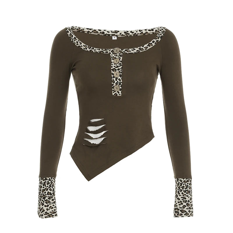 Y2k Trendy Retro Irregular Women��s Tops Long Sleeve Patchwork Leopard Square Collar Button Chic Ripped T-Shirts