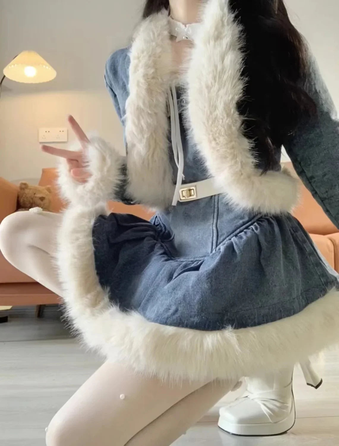 Autumn Winter Korean Temperament Sexy Patchwork Plush Denim Jacket + Slip Dress Pants Slimming Versatile 2 Pieces Set