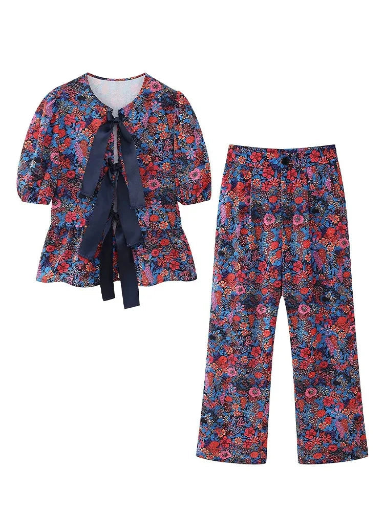 Women 2 Piece Set Vintage Printed Lace Up Blouse Top Casual ONeck Short Sleeve Tshirt Loose High Waist Wide Leg Pant