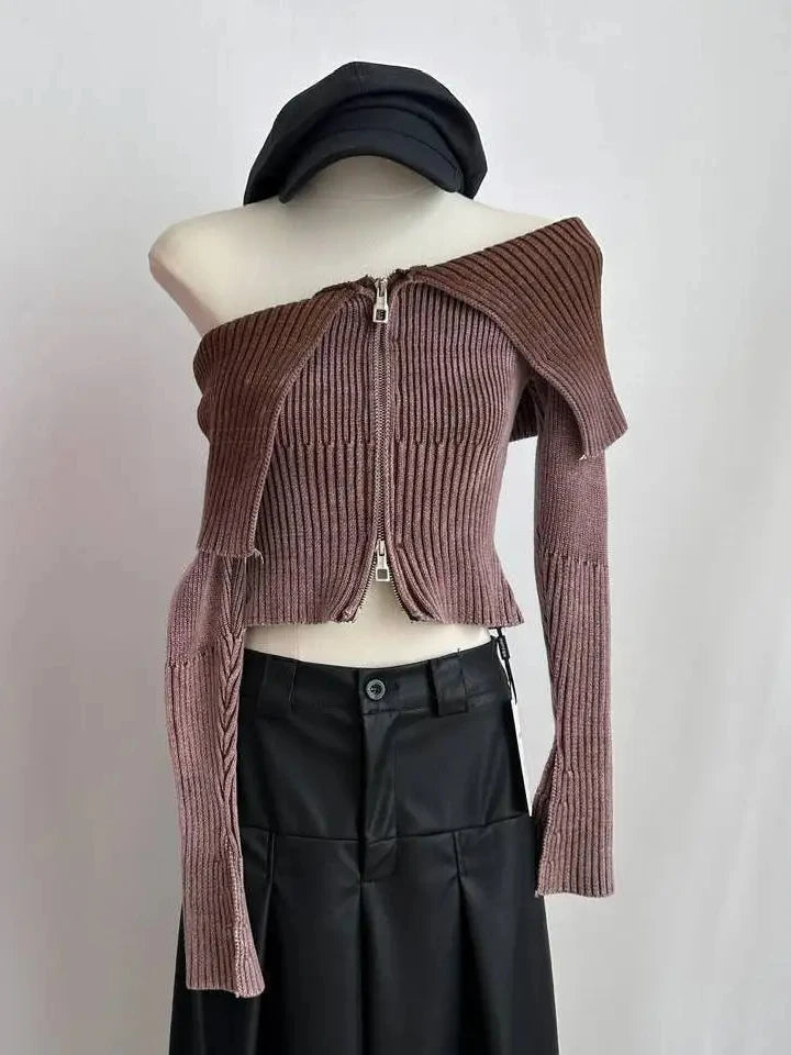 Bow Print Offshoulder Knitwear Gradient Cardigan Sweater Zipper Maillard Style Fairy Grunge Long Sleeve Top Y2k Clothes