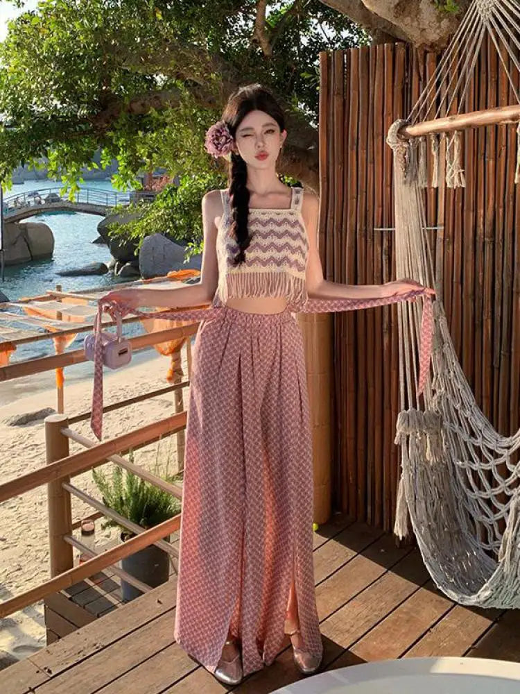 Women Vintage Boho Green Print High Waist Elegant Pleated Wide Leg Pant Summer Pink Casual Loose Straight Split Trousers Fashion