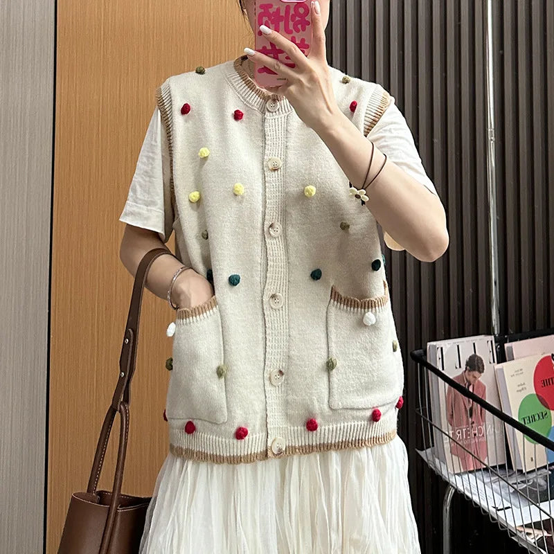 Autumn New Vintage Sweater Vest Women Chaleco Mujer Japanese Loose Cardigan Waistcoat Sweet Wave Point Knitwear Top