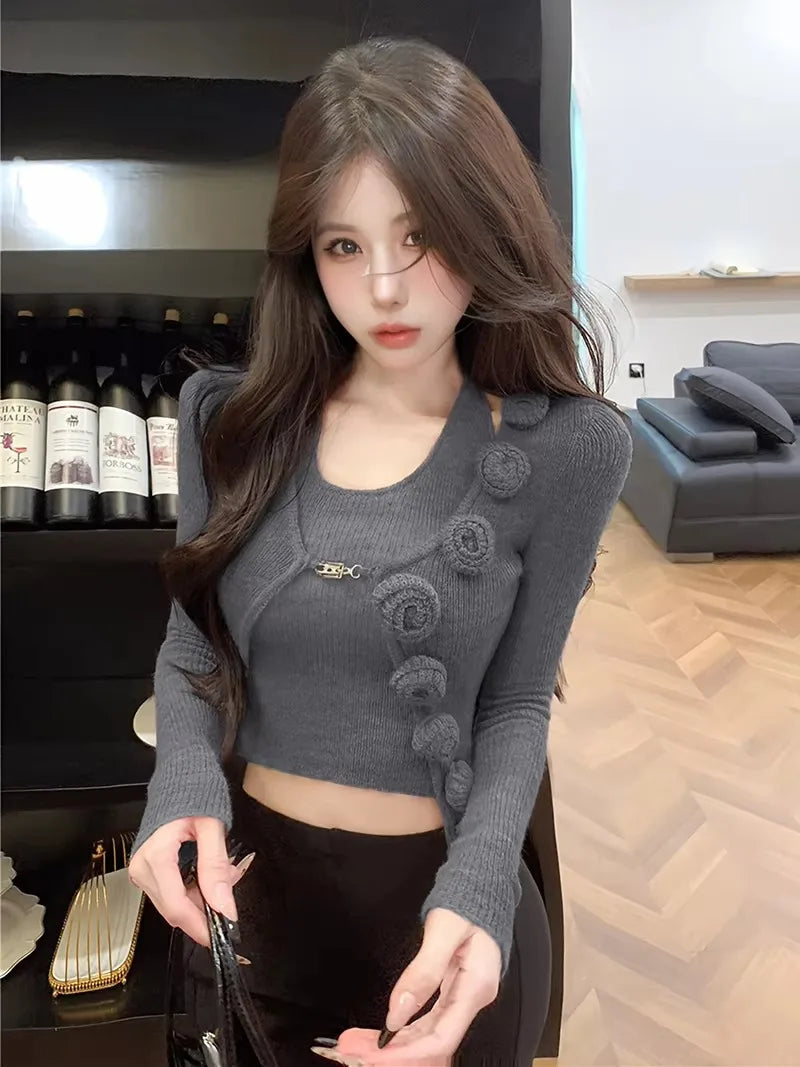 Sweet Hot Girl Pure Sexy Suit Women's Autumn and Winter Knitted Cardigan Short Slimfit Halter Vest Twopiece Set Female Clothes