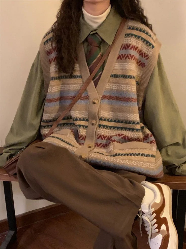 Autumn Vintage Lazy Vneck Sweater Vest Korean Fashion Loose Knitted Cardigan Y2k EGirl Slim Fit Sleeveless Tops Women