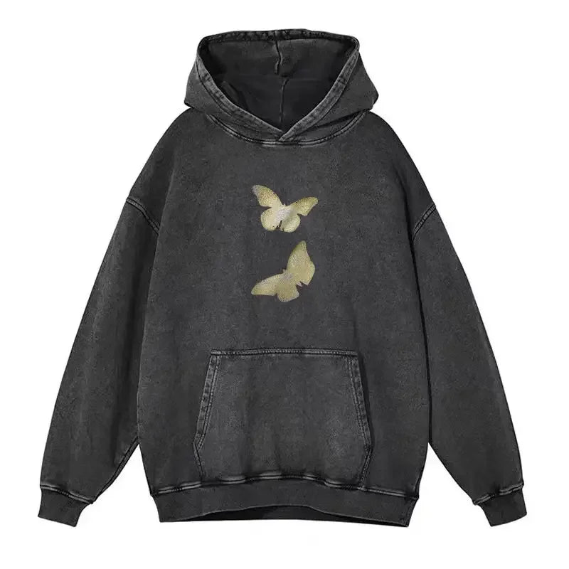 Butterflies Print Black Hoodie Women Streetwear Harajuku Oversized Pullover Sweatshirts Maillard Reaction Cotton Clothes