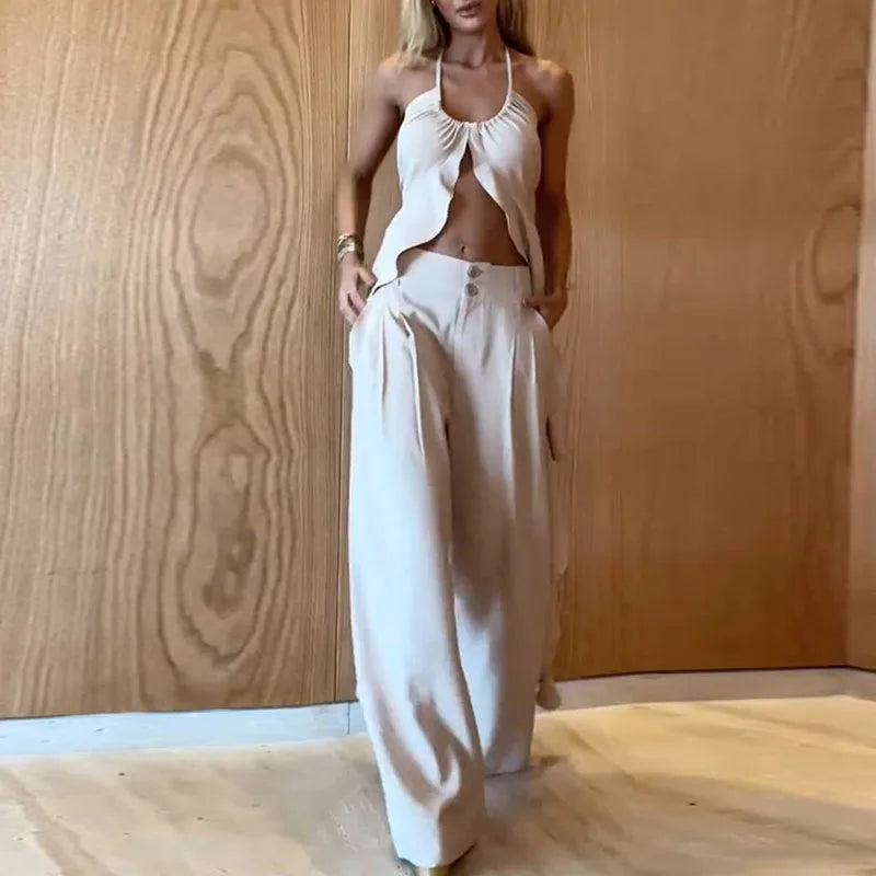 Women's Fashion High Street Outfits New Hollow Design Backless Slim Suits Sexy Halter Ruffled Top with Long Pants 2 Piece Sets