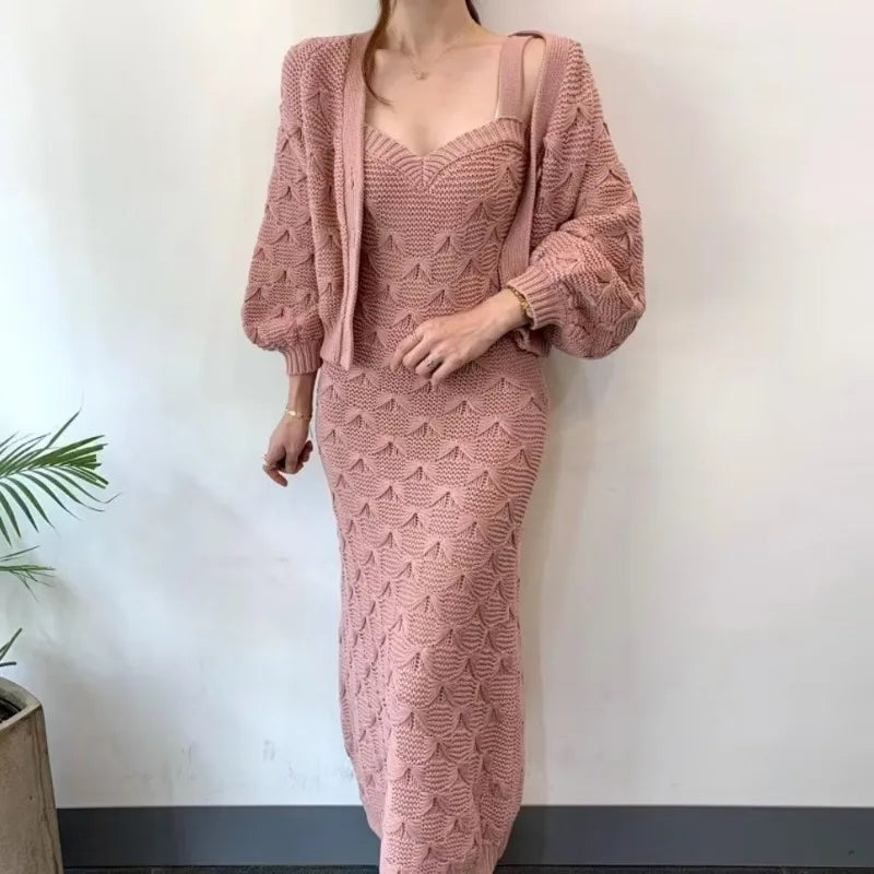 Sweet Hot Girl Suit Women's Autumn and Winter Singlebreasted Lantern Sleeve Knitted Cardigan Slim Strap Dress Twopiece Set