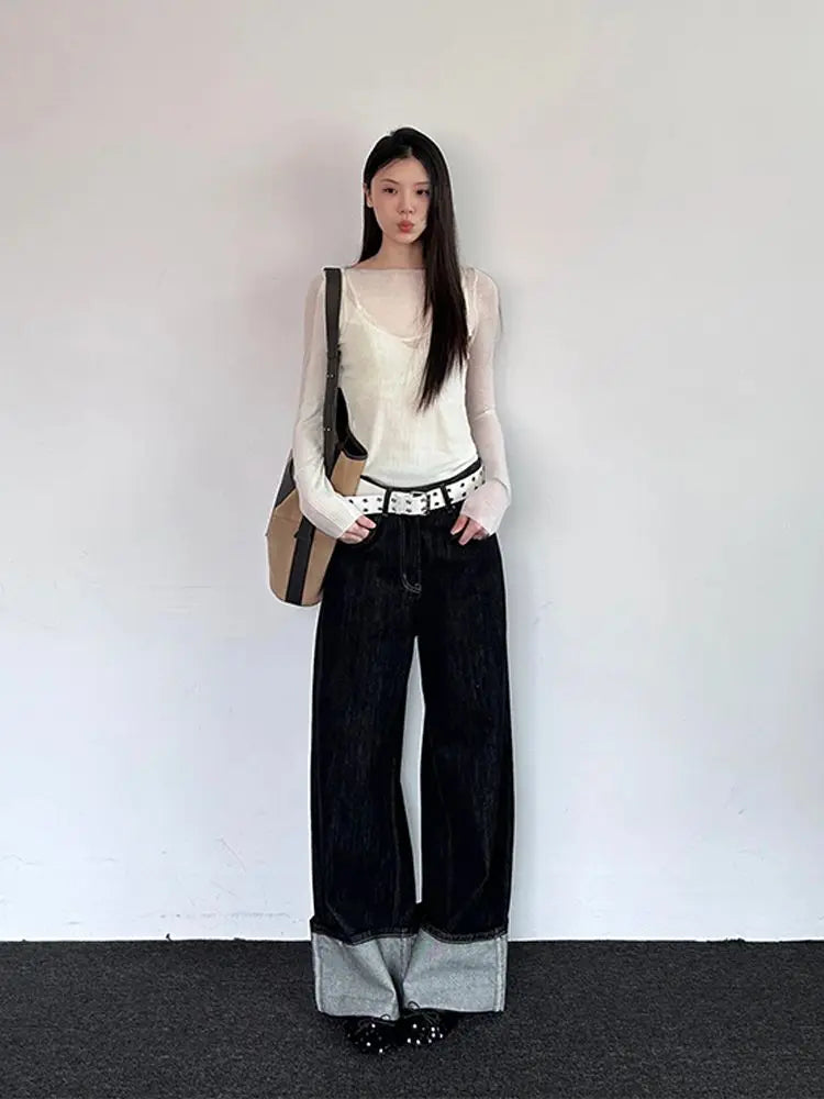 Balck Jeans for Women Harajuku Vintage Baggy Kpop Fashion Do Old Wide Leg Straight Denim Pants Y2k Causal Mujer Trousers