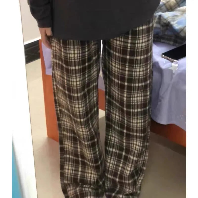 Vintage Woolen Plaid Pants Women Autumn Winter Korean Fashion Harajuku Baggy Check Loose Trousers Casual 90s Aesthetic New