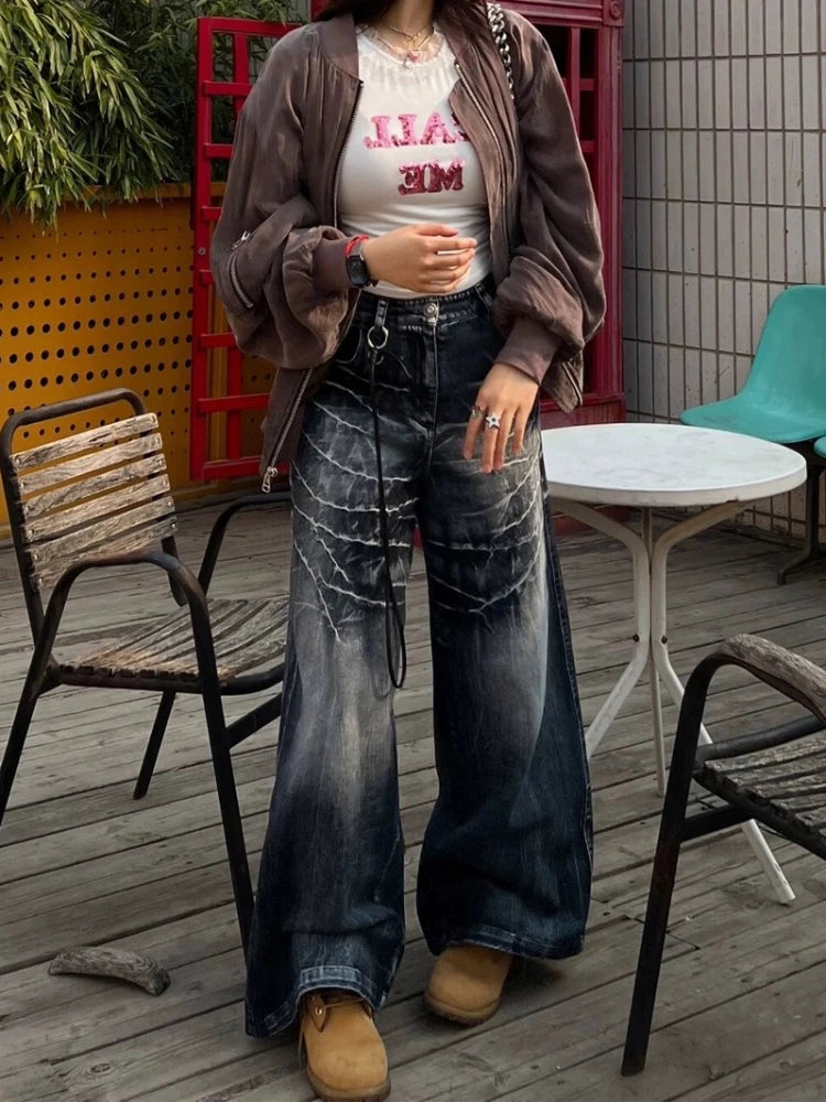 Women Y2k Baggy Vintage Jeans Harajuku Fashion Straight Do Old Wide Leg Full Length Denim Pants Hip Hop Causal Trousers