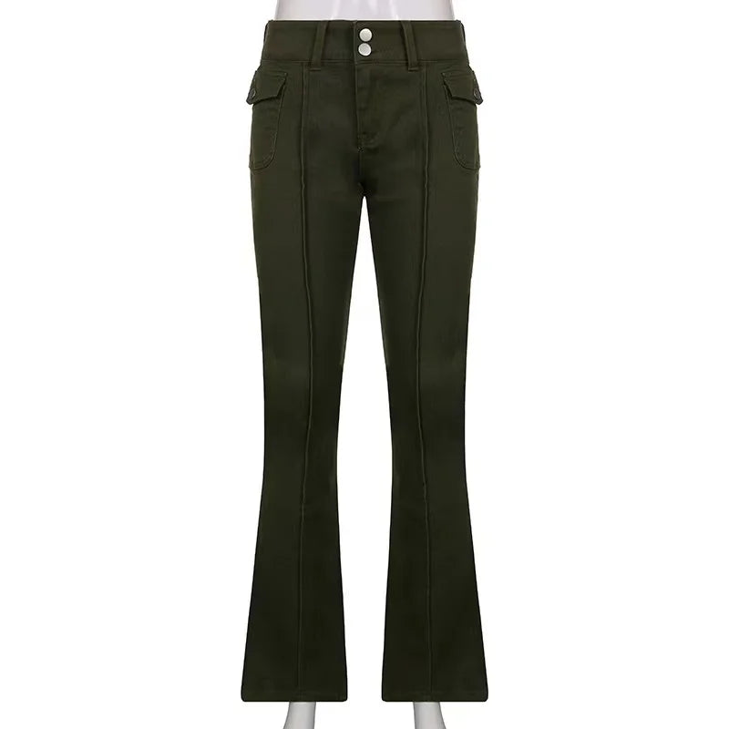 Y2K Brown Flared Jeans Solid Color Pocket Kawaii Trousers Low Waist Aesthetic Jogging Pants Women's Casual Basics