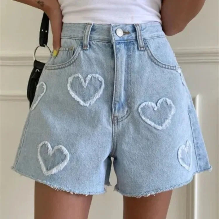 Sweet Cute Fur Heart Pattern Denim Shorts for Women Y2k High Waist Loose Straight Short Pants 2025 Summer New Wide Leg Shorts