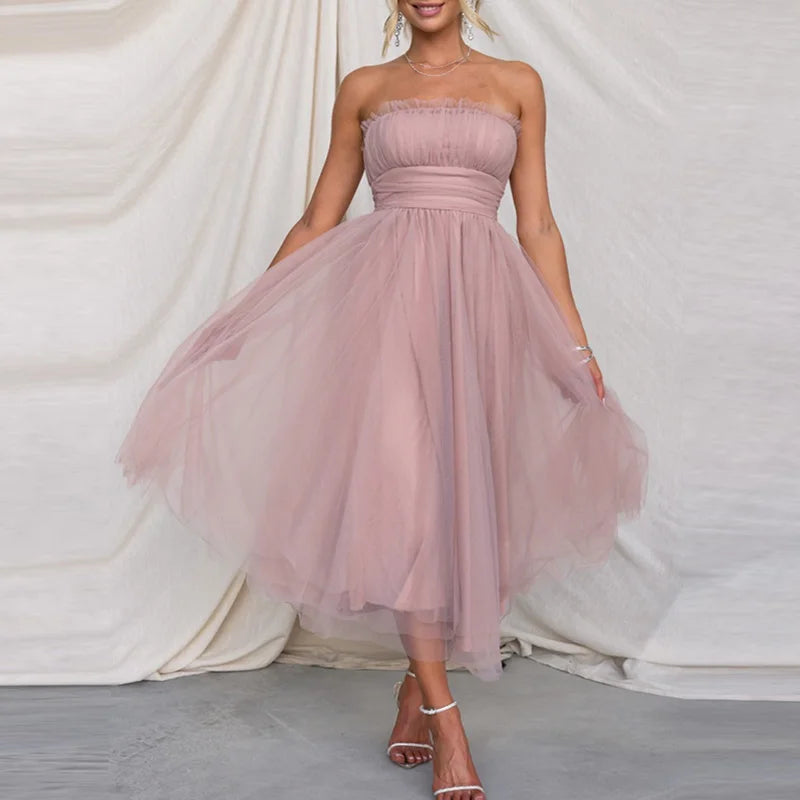 Women Fashion Bralette Mesh Long Dress Summer Elegant Hight Waist Solid Princess Dress Casual Sleeveless Party Evening Dresses