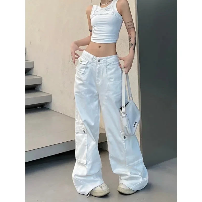 Baggy Vintage Cargo Jeans Woman Korean Fashion Casual Harajuku Wide Leg Denim Pants Basic Ladies Fashion White Trousers