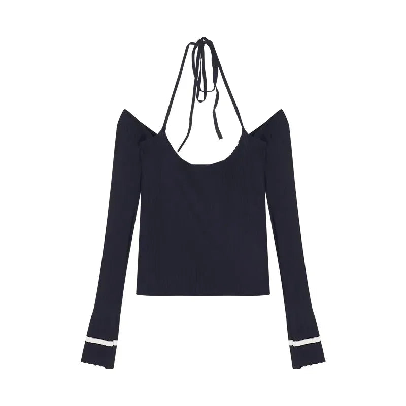 Autumn New American Laceup Loose Casual Wide Leg Pants Women + Patchwork Halter Sweater + Knitted Shawl Threepiece Suit