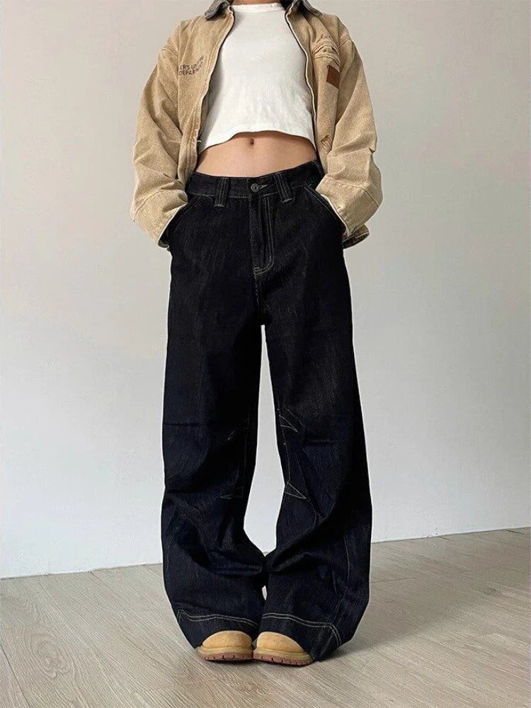Y2k Denim Low Waist Jeans Women Harajuku Wide Leg Baggy Pants High Street Oversize American Retro Cargo Trousers Grunge