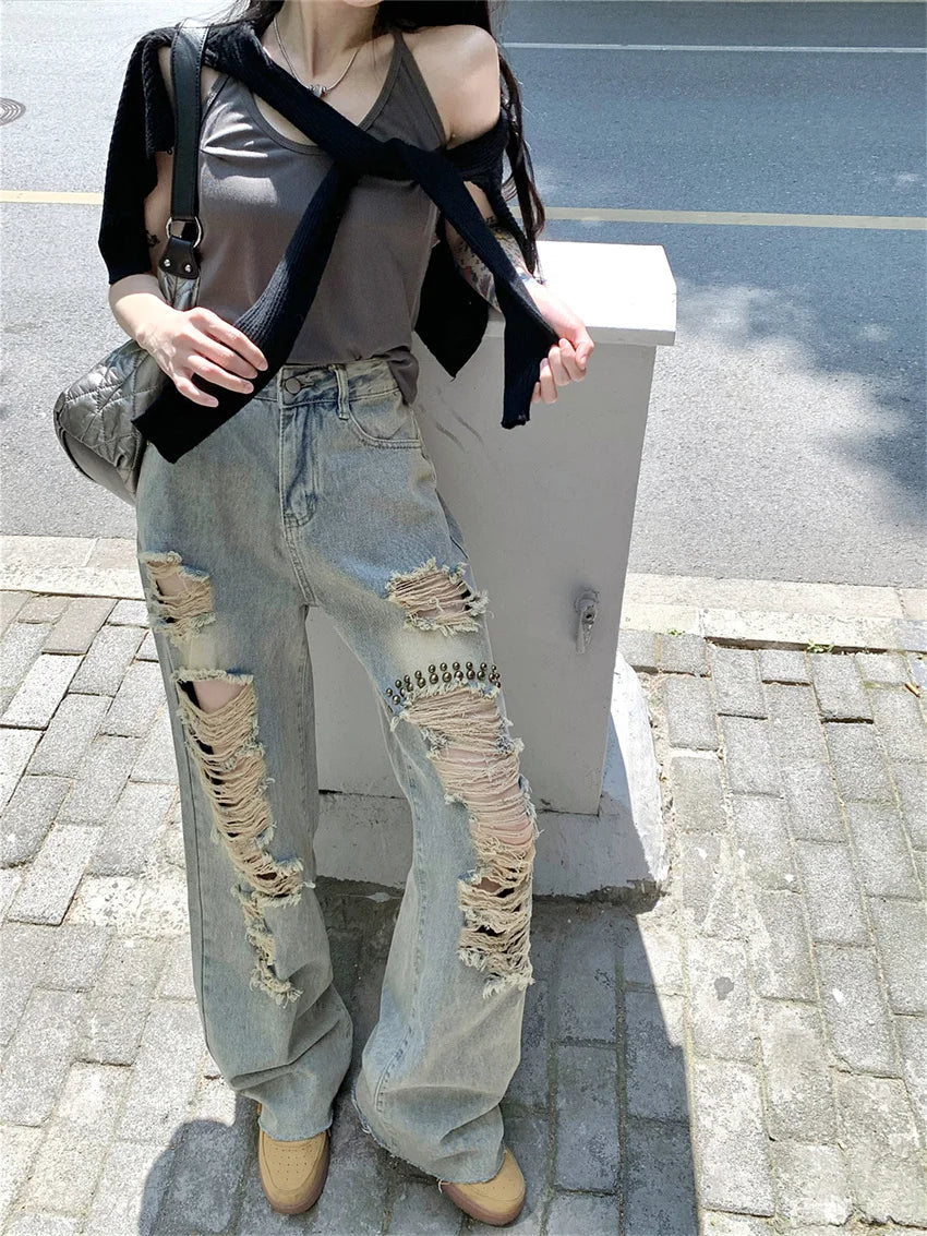 Autumn Hole Streetwear Jeans Women High Waist Straight Loose Wide Leg Chic Slim Vintage Office Wear Daily Pants